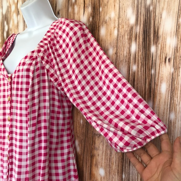 Torrid Fit & Flare Rayon Slub Button Up 3/4 Sleeve Pink Gingham Top - Picture 8 of 14